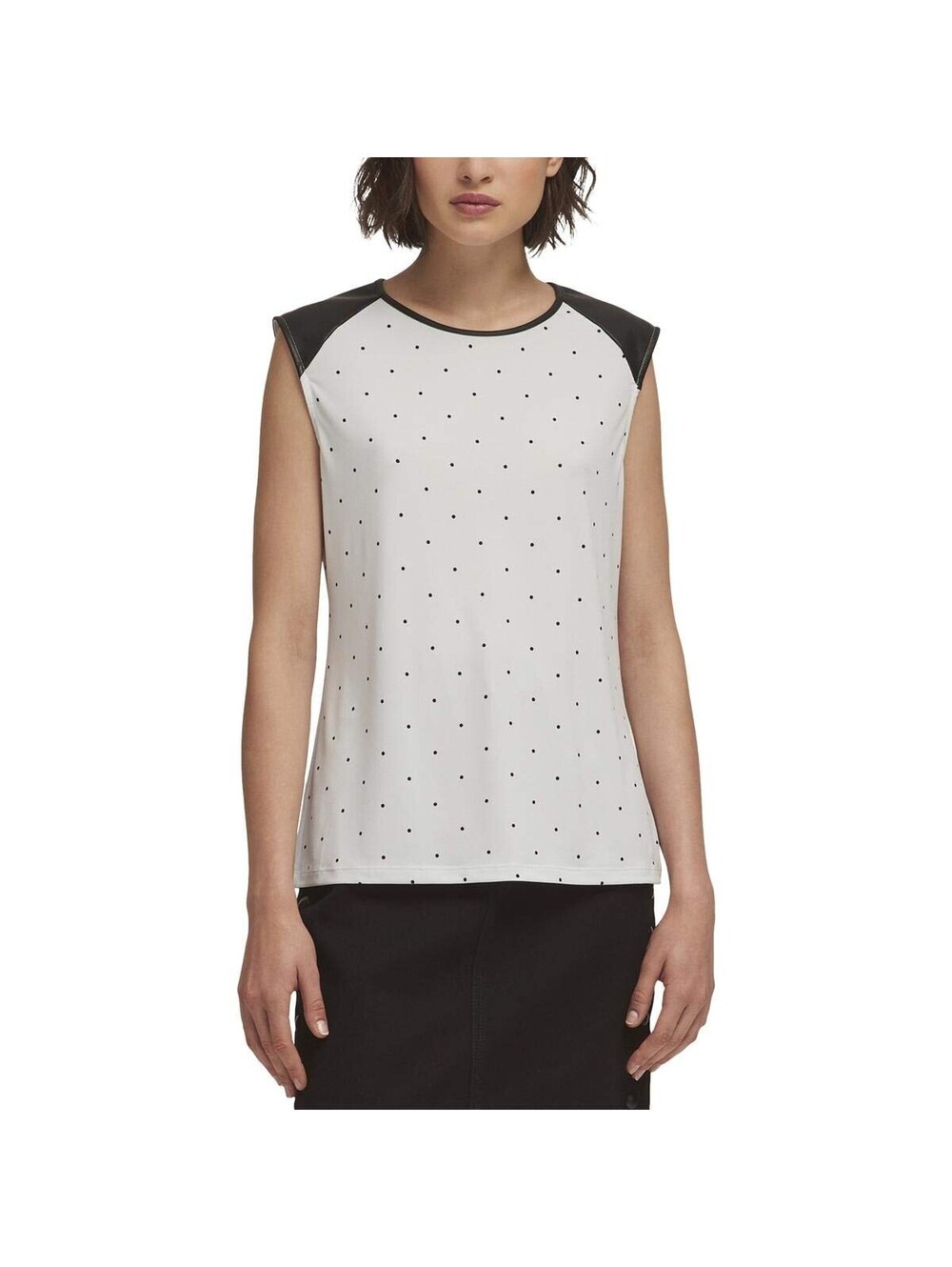 DKNY Womens Dotted Faux-Leather Trim Top Size L